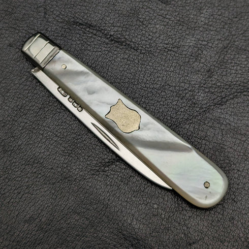 1927 British Antique White Pearl Shell Handle Pure Silver Blade Folding Pen Knife